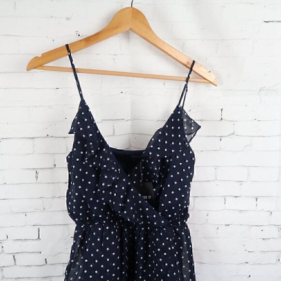 FOREVER 21 NAVY BLUE SPAGHETTI STRAP V NECK MIDI POLKA DOT DRESS SIZE SMALL NWT - Picture 4 of 8